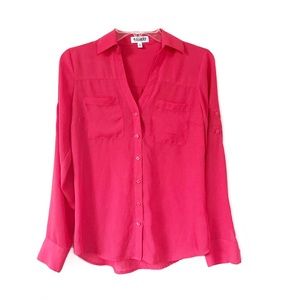 Express Hot Pink Portofino Button Down Long Sleeve Blouse Biz Casual Top EUC XS
